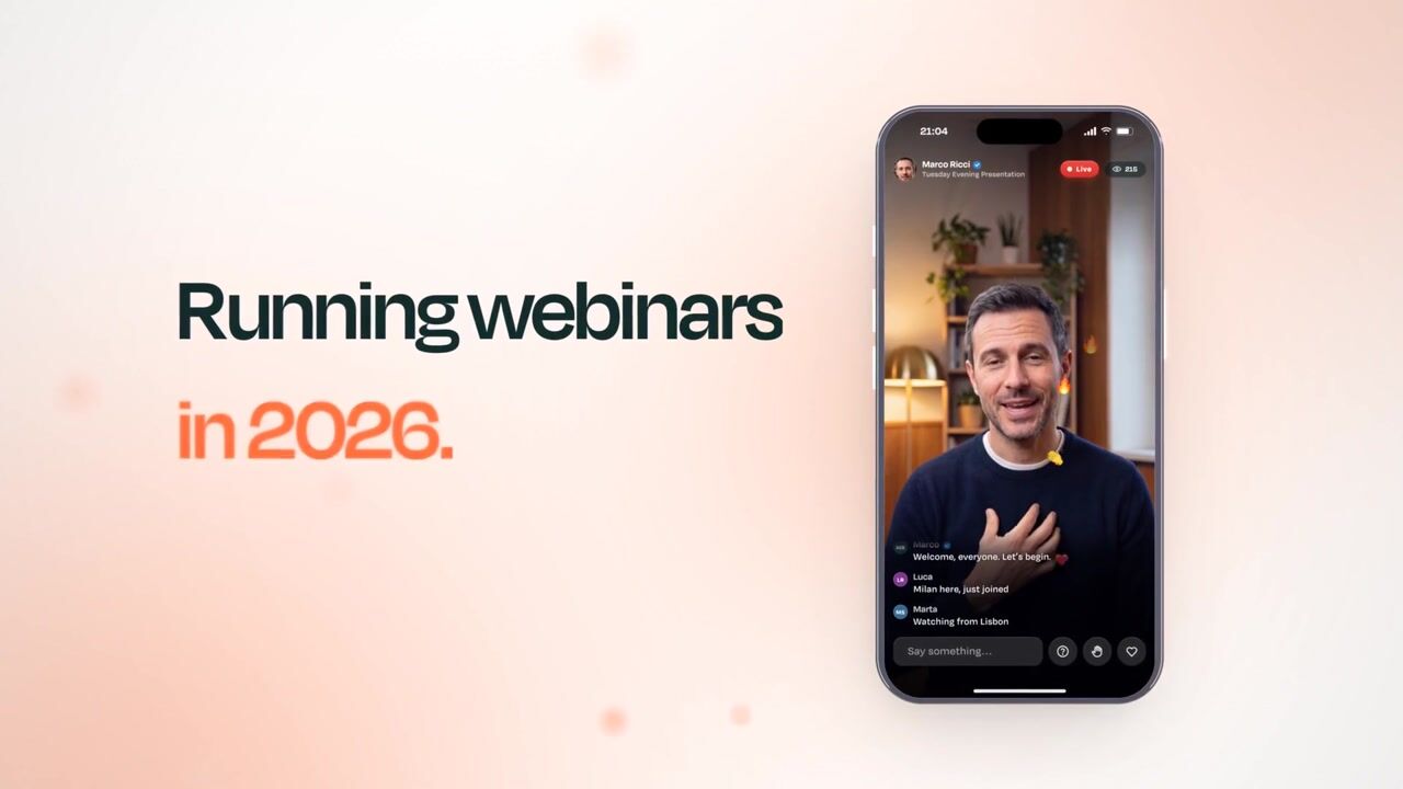 A phone showing a live Fuo webinar, beside the words “Running webinars in 2026.”