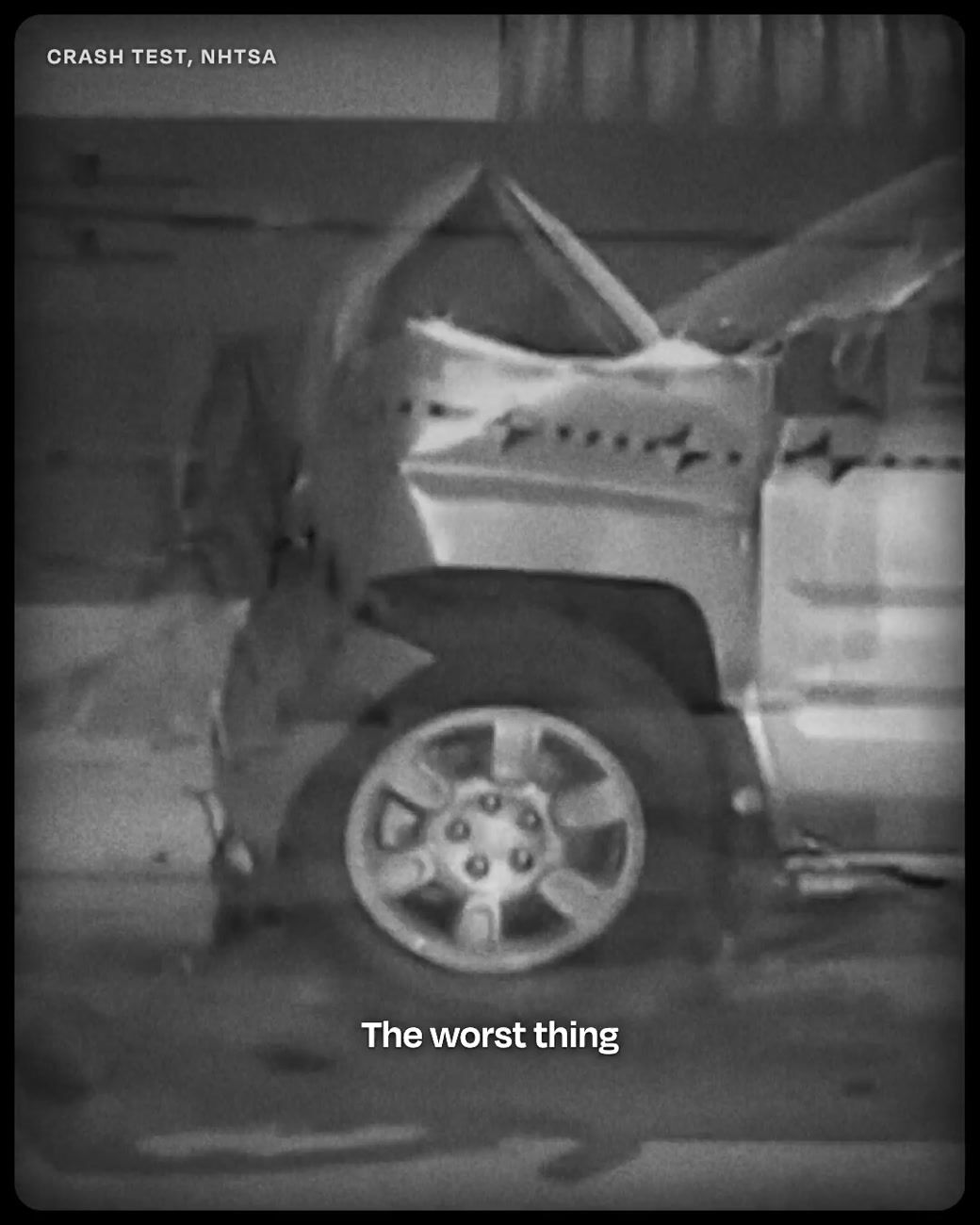 The opening frame of the Fuo film: an archive crash test, captioned “The worst thing”